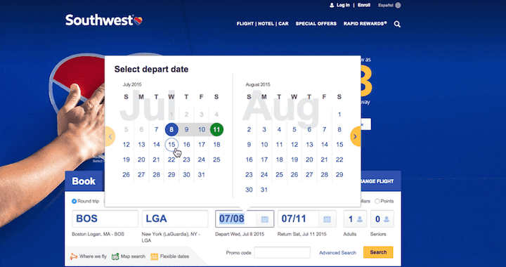 Interface de sélection de calendrier de Southwest Airlines